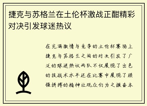 捷克与苏格兰在土伦杯激战正酣精彩对决引发球迷热议