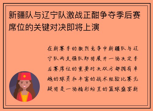 新疆队与辽宁队激战正酣争夺季后赛席位的关键对决即将上演